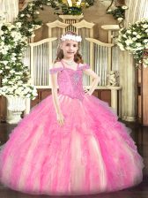Fashionable Rose Pink Organza Lace Up Off The Shoulder Sleeveless Floor Length Little Girls Pageant Dress Beading and Ruffles