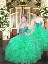  Sleeveless Organza Floor Length Lace Up Kids Pageant Dress in Turquoise with Beading and Ruffles