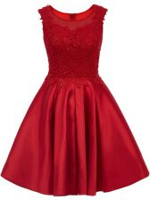 Shining Mini Length Wine Red Quinceanera Dama Dress Satin Sleeveless Lace