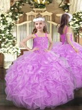  Lilac Sleeveless Floor Length Beading and Ruffles Lace Up Little Girls Pageant Dress