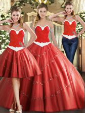 Sweet Coral Red Ball Gowns Sweetheart Sleeveless Tulle Floor Length Lace Up Beading Quince Ball Gowns