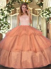 Extravagant Organza Scoop Sleeveless Clasp Handle Lace and Ruffled Layers Ball Gown Prom Dress in Orange