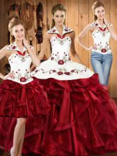 Customized Halter Top Sleeveless Organza Quince Ball Gowns Embroidery and Ruffles Lace Up