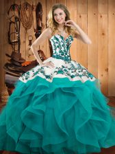  Teal Quinceanera Dress Military Ball and Sweet 16 and Quinceanera with Embroidery and Ruffles Sweetheart Sleeveless Lace Up