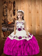 Best Fuchsia Mermaid Straps Sleeveless Organza Floor Length Lace Up Beading and Ruffles Little Girl Pageant Gowns