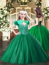 Popular Dark Green Ball Gowns Straps Sleeveless Tulle Floor Length Lace Up Beading Little Girls Pageant Dress Wholesale