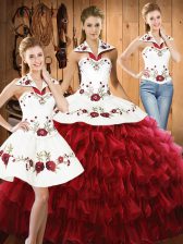 Modern Wine Red Sweet 16 Quinceanera Dress Military Ball and Sweet 16 and Quinceanera with Embroidery and Ruffled Layers Halter Top Sleeveless Lace Up