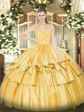 Dazzling Ruffled Layers 15 Quinceanera Dress Gold Zipper Sleeveless Floor Length