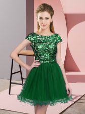 Sweet Dark Green A-line Tulle Scoop Cap Sleeves Sequins Mini Length Zipper Quinceanera Court Dresses