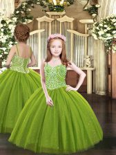 Perfect Floor Length Olive Green Kids Pageant Dress Tulle Sleeveless Beading