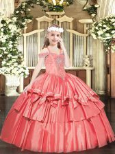  Floor Length Coral Red Little Girls Pageant Gowns Organza Sleeveless Beading and Ruffled Layers
