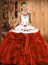  Rust Red Halter Top Lace Up Embroidery and Ruffles Sweet 16 Quinceanera Dress Sleeveless