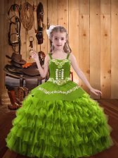 Fashion Sleeveless Organza Floor Length Lace Up Little Girls Pageant Gowns in Olive Green with Embroidery and Ruffled Layers
