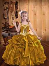 Fancy Ball Gowns Child Pageant Dress Gold Straps Organza Sleeveless Floor Length Lace Up