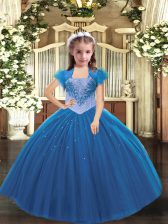  Floor Length Blue Pageant Dress Toddler Tulle Sleeveless Beading