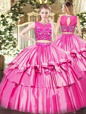 Customized Floor Length Zipper Sweet 16 Quinceanera Dress Rose Pink for Military Ball and Sweet 16 and Quinceanera with Beading and Ruffled Layers