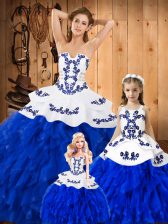  Royal Blue Ball Gowns Lace Strapless Sleeveless Embroidery and Ruffles Floor Length Lace Up Quinceanera Gown