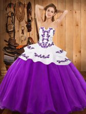 Chic Eggplant Purple Lace Up Strapless Embroidery 15th Birthday Dress Satin and Organza Sleeveless