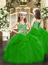 Superior Green Ball Gowns Tulle Straps Sleeveless Beading and Ruffles Floor Length Lace Up Pageant Dress