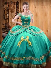  Turquoise Satin and Organza Lace Up Off The Shoulder Sleeveless Floor Length Quinceanera Dresses Beading and Embroidery