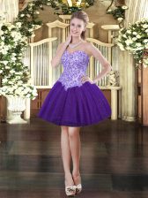 Dazzling Sleeveless Tulle Mini Length Lace Up Prom Evening Gown in Purple with Appliques