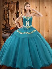 Superior Sweetheart Sleeveless Quince Ball Gowns Floor Length Embroidery Teal Tulle