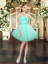 Exceptional Aqua Blue Lace Up Evening Dress Beading and Lace Sleeveless Mini Length