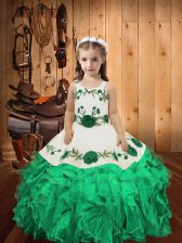  Turquoise Ball Gowns Organza Straps Sleeveless Embroidery and Ruffles Floor Length Lace Up Kids Formal Wear