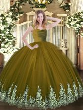 Pretty Olive Green Ball Gowns Straps Sleeveless Tulle Floor Length Zipper Beading and Appliques 15th Birthday Dress