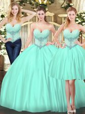 Hot Selling Apple Green Three Pieces Sleeveless Tulle Floor Length Lace Up Beading Sweet 16 Quinceanera Dress