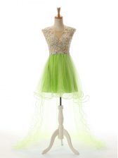 Trendy A-line Tulle Scoop Sleeveless Appliques High Low Backless Prom Evening Gown
