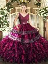 Edgy Burgundy Ball Gowns V-neck Sleeveless Organza Floor Length Backless Beading and Ruffles Quinceanera Gown