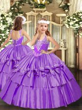  Lavender Sleeveless Beading and Ruffled Layers Floor Length Girls Pageant Dresses