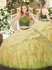 Fabulous Yellow Green Sleeveless Floor Length Beading and Ruffles Zipper 15th Birthday Dress
