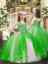  Green Ball Gowns Tulle Straps Sleeveless Beading Floor Length Lace Up Little Girl Pageant Gowns