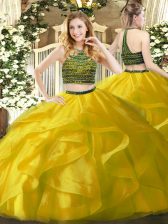Excellent Yellow Sleeveless Beading and Ruffles Floor Length Quince Ball Gowns
