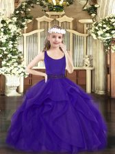 Purple Sleeveless Beading and Ruffles Floor Length Child Pageant Dress