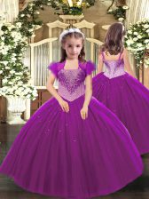 Amazing Straps Sleeveless Pageant Gowns For Girls Floor Length Beading Fuchsia Tulle