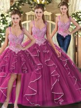 Designer Fuchsia Ball Gowns Straps Sleeveless Tulle Floor Length Lace Up Beading and Ruffles Vestidos de Quinceanera