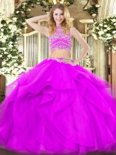 Customized Purple Tulle Backless High-neck Sleeveless Floor Length Ball Gown Prom Dress Beading and Ruffles