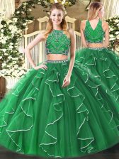 Trendy Green Zipper Sweet 16 Dresses Beading and Ruffles Sleeveless Floor Length