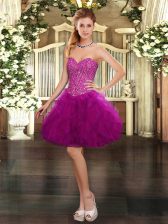  Sleeveless Mini Length Beading and Ruffles Lace Up Prom Gown with Fuchsia