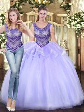  Scoop Sleeveless Quinceanera Gowns Floor Length Beading and Ruffles Lavender Tulle