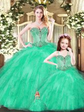 Exceptional Turquoise Lace Up Quinceanera Gown Beading and Ruffles Sleeveless Floor Length