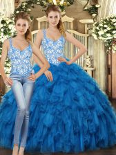  Blue Ball Gowns Organza Straps Sleeveless Beading and Ruffles Floor Length Lace Up 15th Birthday Dress