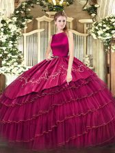  Fuchsia Ball Gowns Embroidery and Ruffled Layers Vestidos de Quinceanera Clasp Handle Organza Sleeveless Floor Length