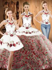  Multi-color Halter Top Lace Up Embroidery 15 Quinceanera Dress Sweep Train Sleeveless