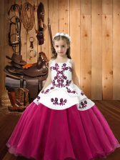  Sleeveless Floor Length Embroidery Lace Up Pageant Gowns with Fuchsia