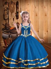  Blue Lace Up Straps Embroidery and Ruffled Layers Pageant Gowns For Girls Organza Sleeveless