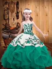 Most Popular Turquoise Organza Lace Up High School Pageant Dress Sleeveless Embroidery and Ruffles